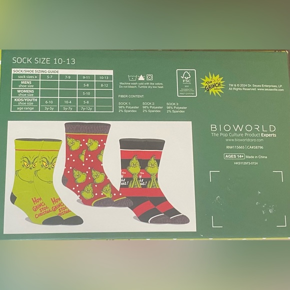 Bioworld Grinch Men's Socks Trio - Black, Red, Green - Picture 3 of 3